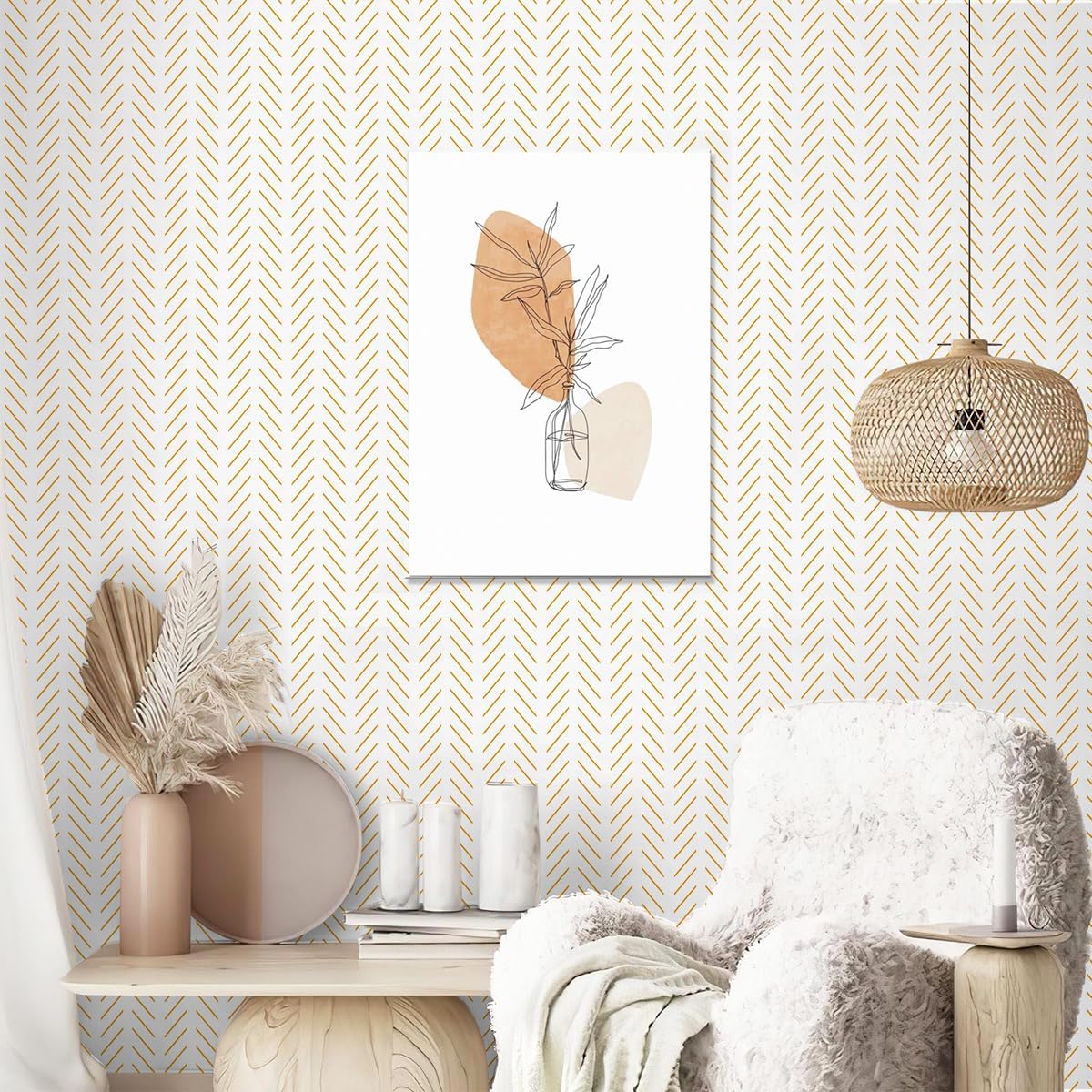 Yellow and White Peel and Stick Wallpaper Modern Herringbone Wallpaper Bathroom 17.7inch x 118.1inch Geometric Removable Contact Paper Peel and Stick Self Adhesive Cabinet Wall Paper Waterproof