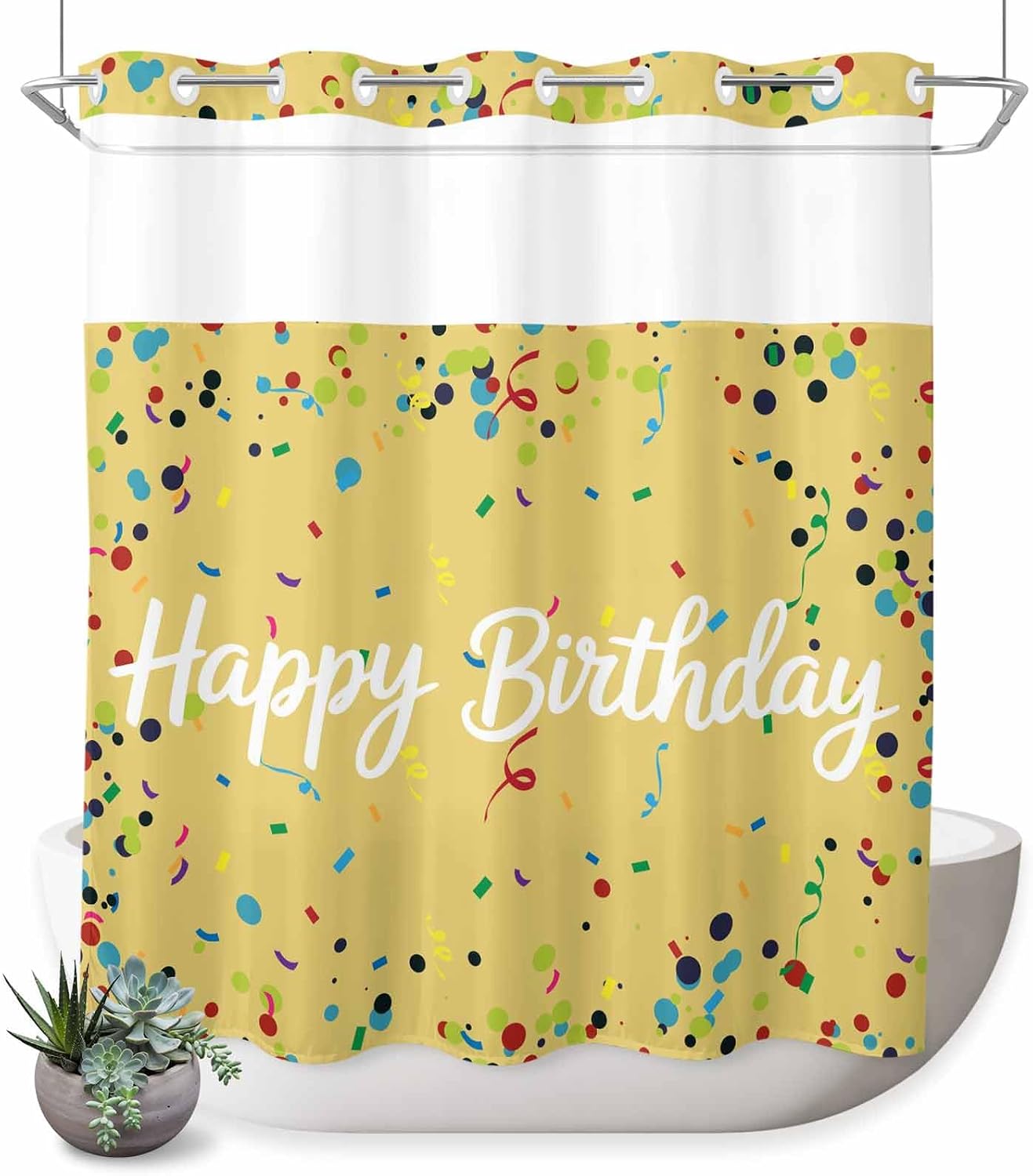 No Hook Shower Curtain for Bathroom, Yellow Birthday Waterproof Hotel Shower Curtains, Colorful Confetti Ribbons Polka Dots Classroom Single Layer & Mesh Top Washable Fabric Bath Curtain 72''x72''