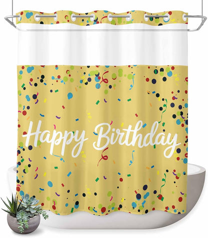 No Hook Shower Curtain for Bathroom, Yellow Birthday Waterproof Hotel Shower Curtains, Colorful Confetti Ribbons Polka Dots Classroom Single Layer & Mesh Top Washable Fabric Bath Curtain 72''x72''