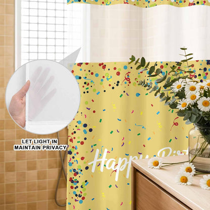 No Hook Shower Curtain for Bathroom, Yellow Birthday Waterproof Hotel Shower Curtains, Colorful Confetti Ribbons Polka Dots Classroom Single Layer & Mesh Top Washable Fabric Bath Curtain 72''x72''