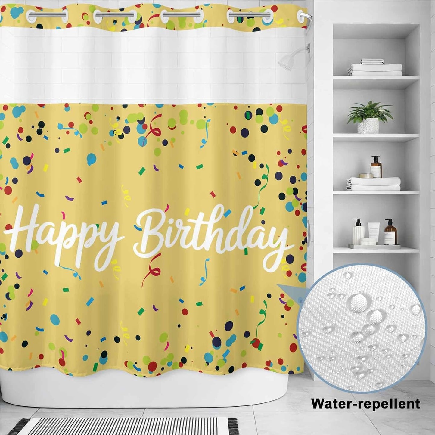 No Hook Shower Curtain for Bathroom, Yellow Birthday Waterproof Hotel Shower Curtains, Colorful Confetti Ribbons Polka Dots Classroom Single Layer & Mesh Top Washable Fabric Bath Curtain 72''x72''