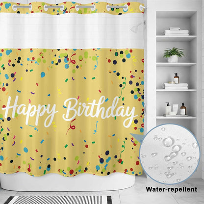 No Hook Shower Curtain for Bathroom, Yellow Birthday Waterproof Hotel Shower Curtains, Colorful Confetti Ribbons Polka Dots Classroom Single Layer & Mesh Top Washable Fabric Bath Curtain 72''x72''