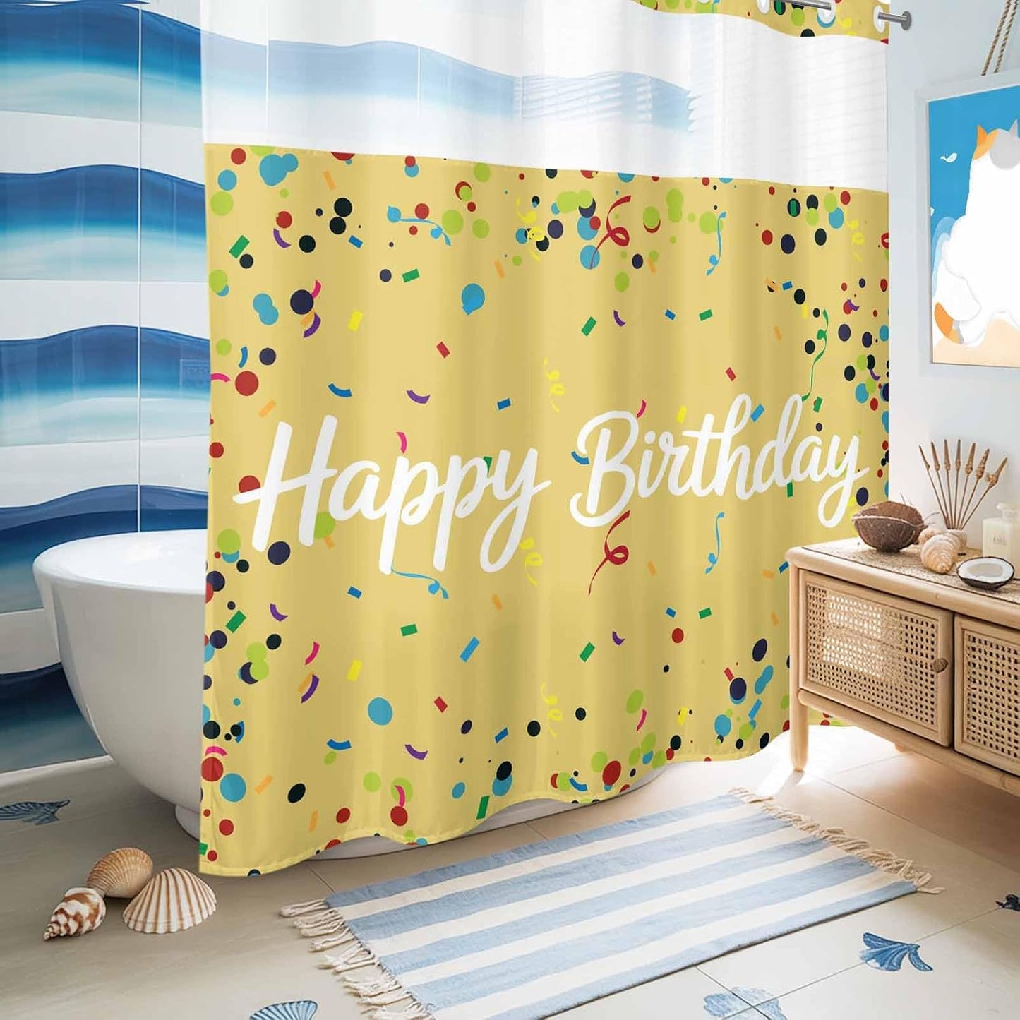 No Hook Shower Curtain for Bathroom, Yellow Birthday Waterproof Hotel Shower Curtains, Colorful Confetti Ribbons Polka Dots Classroom Single Layer & Mesh Top Washable Fabric Bath Curtain 72''x72''