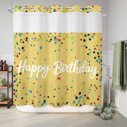 No Hook Shower Curtain for Bathroom, Yellow Birthday Waterproof Hotel Shower Curtains, Colorful Confetti Ribbons Polka Dots Classroom Single Layer & Mesh Top Washable Fabric Bath Curtain 72''x72''