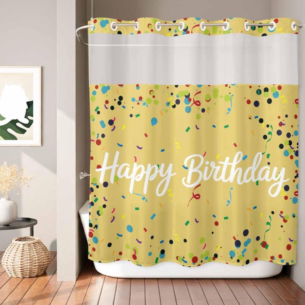 No Hook Shower Curtain for Bathroom, Yellow Birthday Waterproof Hotel Shower Curtains, Colorful Confetti Ribbons Polka Dots Classroom Single Layer & Mesh Top Washable Fabric Bath Curtain 72''x72''