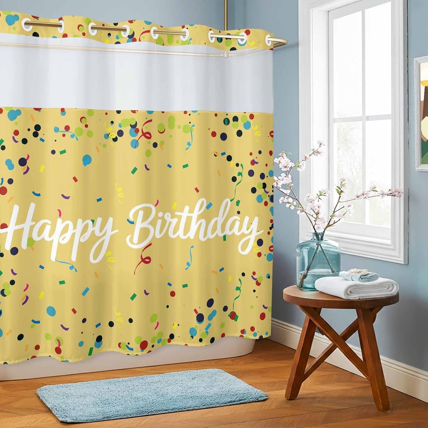 No Hook Shower Curtain for Bathroom, Yellow Birthday Waterproof Hotel Shower Curtains, Colorful Confetti Ribbons Polka Dots Classroom Single Layer & Mesh Top Washable Fabric Bath Curtain 72''x72''