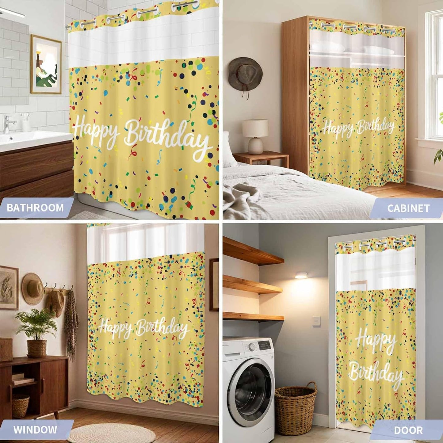 No Hook Shower Curtain for Bathroom, Yellow Birthday Waterproof Hotel Shower Curtains, Colorful Confetti Ribbons Polka Dots Classroom Single Layer & Mesh Top Washable Fabric Bath Curtain 72''x72''