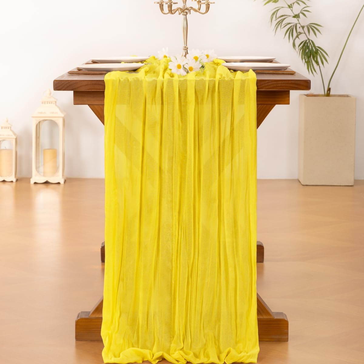 2pcs Yellow Summer Cheesecloth Table Runner Boho Rustic Gauze 120 inch 10FT Cheese Cloth Sheer Runner for Wedding Party Baby Shower Birthday Home Decor