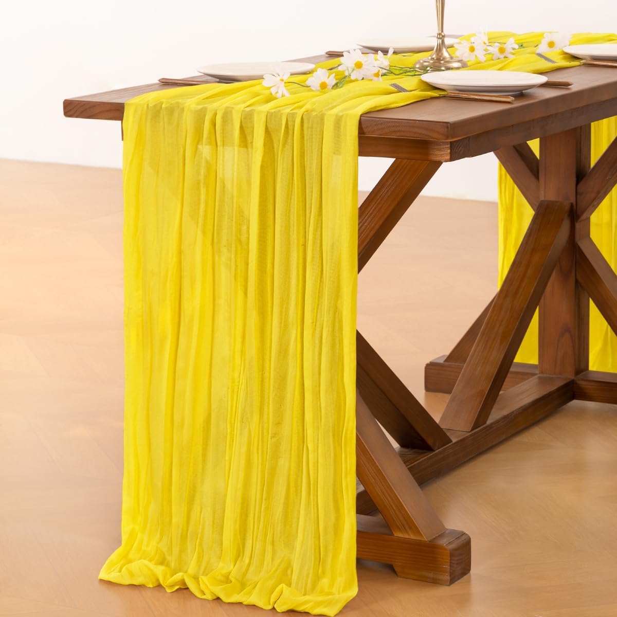 2pcs Yellow Summer Cheesecloth Table Runner Boho Rustic Gauze 120 inch 10FT Cheese Cloth Sheer Runner for Wedding Party Baby Shower Birthday Home Decor