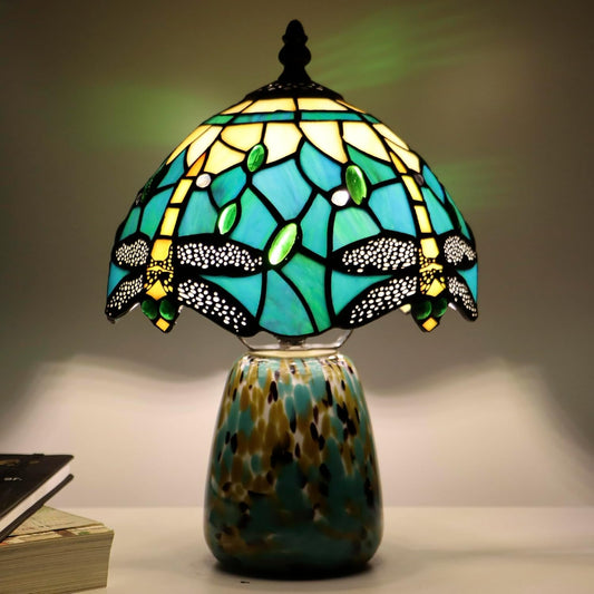 Tiffany Mushroom Table Lamp Dragonfly Style Blue Yellow Stained Glass Accent Lamp Brown Blue Glass Base 8X8X12 Inch