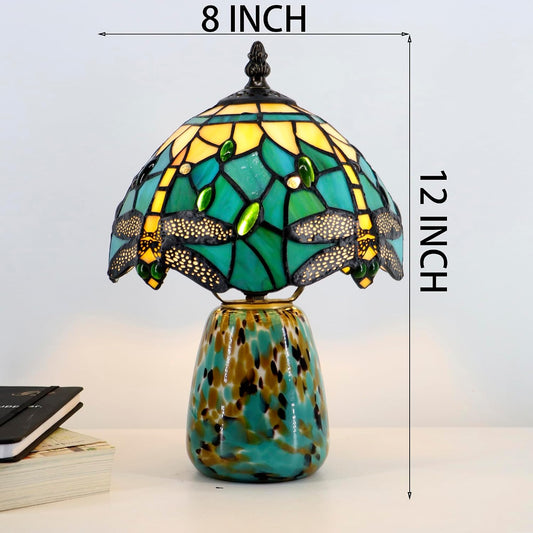 Tiffany Mushroom Table Lamp Dragonfly Style Blue Yellow Stained Glass Accent Lamp Brown Blue Glass Base 8X8X12 Inch