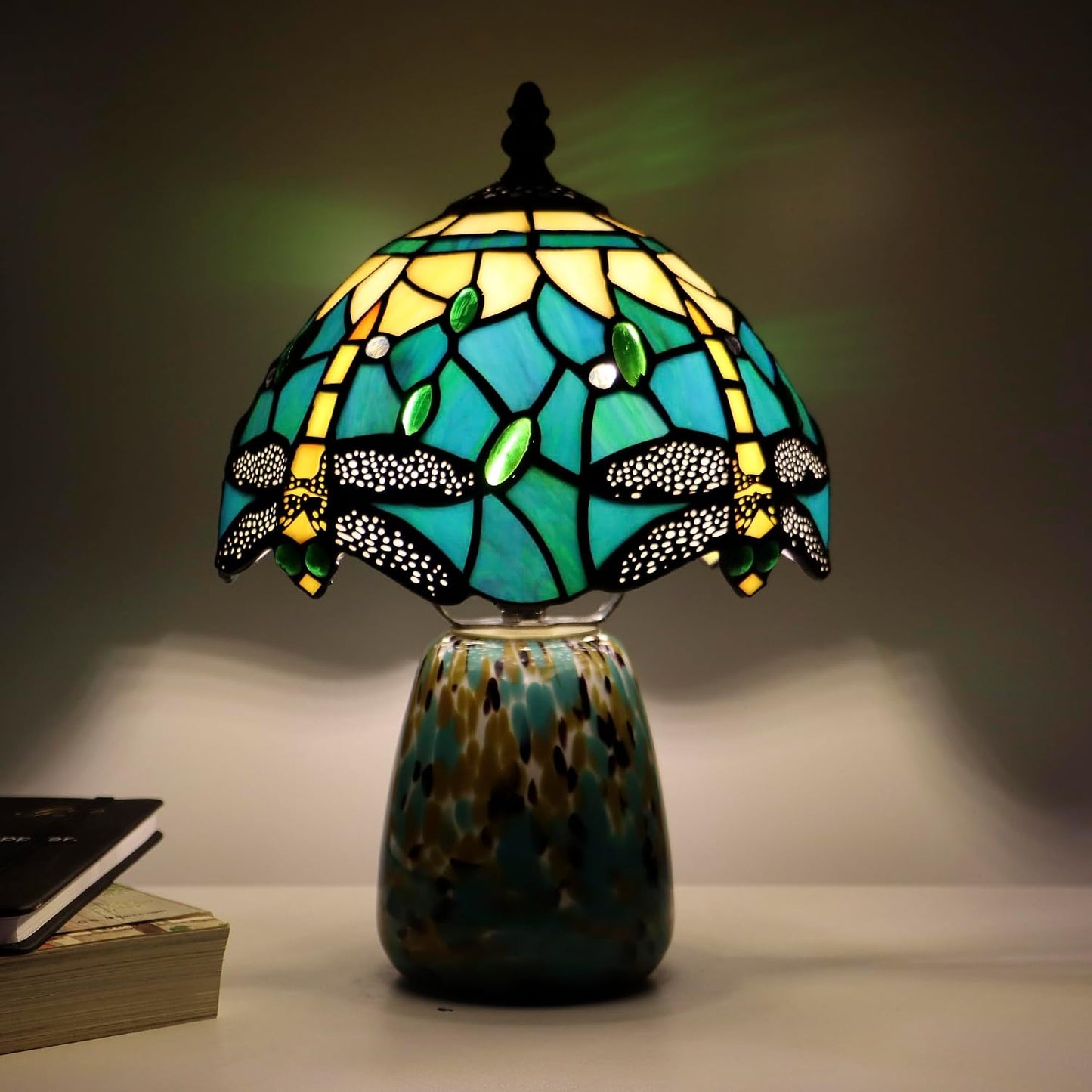 Tiffany Mushroom Table Lamp Dragonfly Style Blue Yellow Stained Glass Accent Lamp Brown Blue Glass Base 8X8X12 Inch