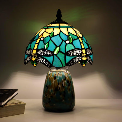 Tiffany Mushroom Table Lamp Dragonfly Style Blue Yellow Stained Glass Accent Lamp Brown Blue Glass Base 8X8X12 Inch