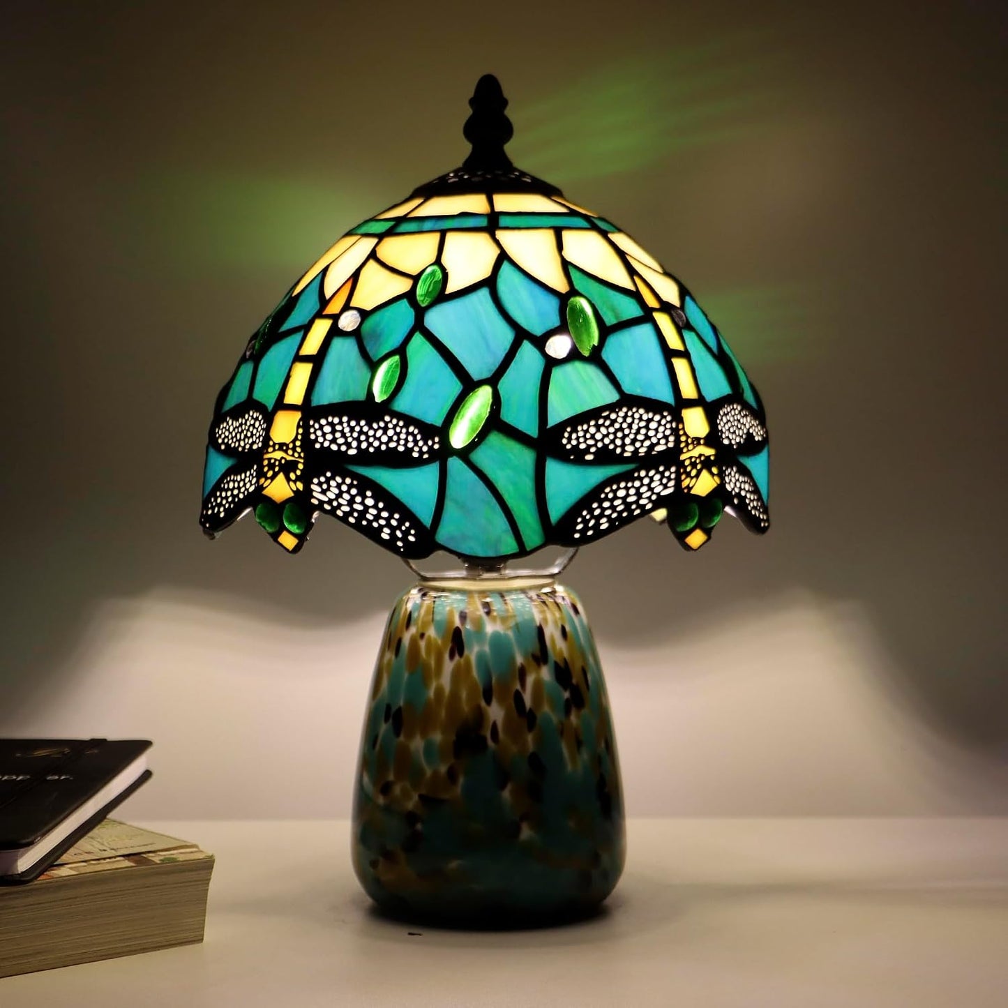Tiffany Mushroom Table Lamp Dragonfly Style Blue Yellow Stained Glass Accent Lamp Brown Blue Glass Base 8X8X12 Inch