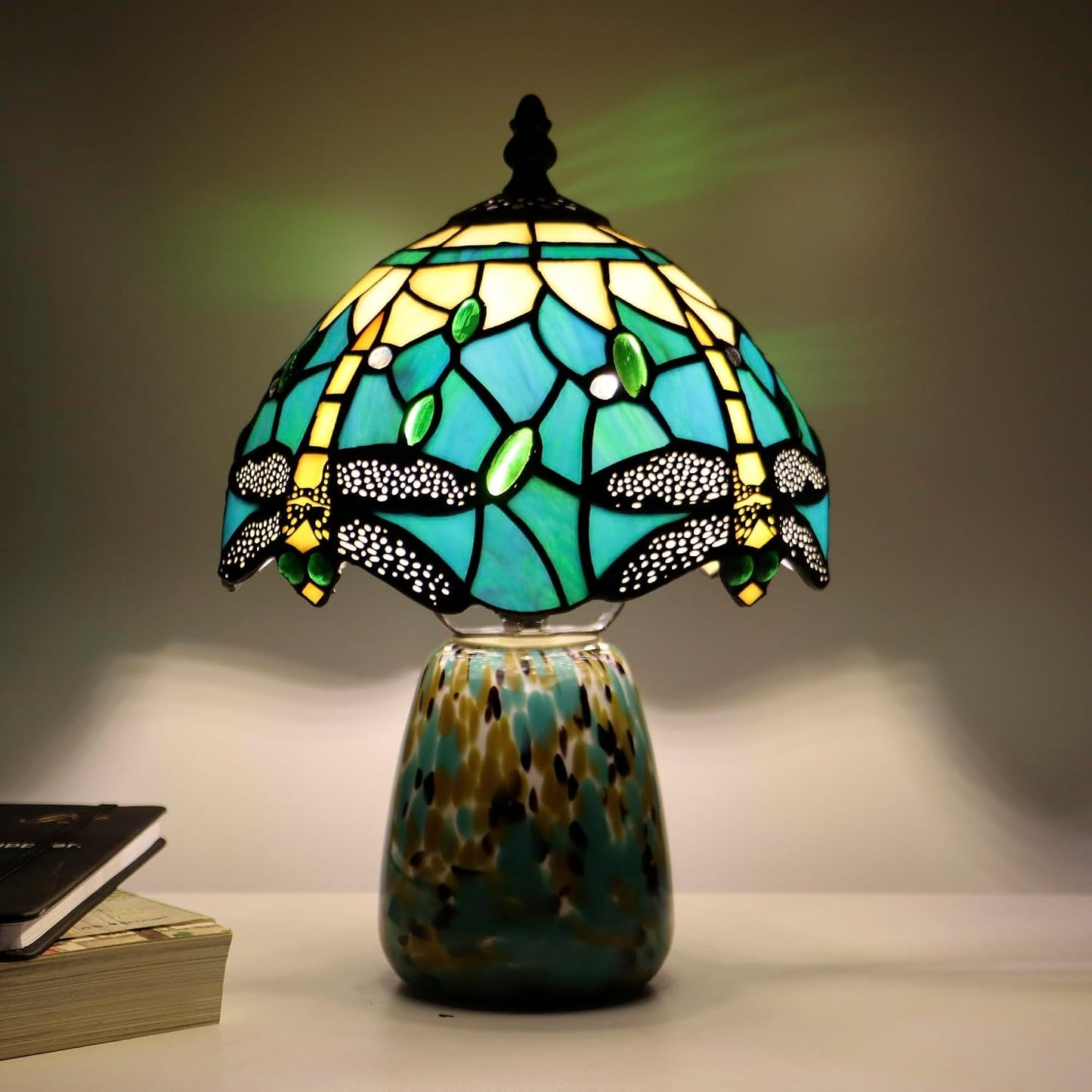 Tiffany Mushroom Table Lamp Dragonfly Style Blue Yellow Stained Glass Accent Lamp Brown Blue Glass Base 8X8X12 Inch