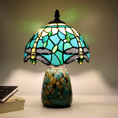 Tiffany Mushroom Table Lamp Dragonfly Style Blue Yellow Stained Glass Accent Lamp Brown Blue Glass Base 8X8X12 Inch