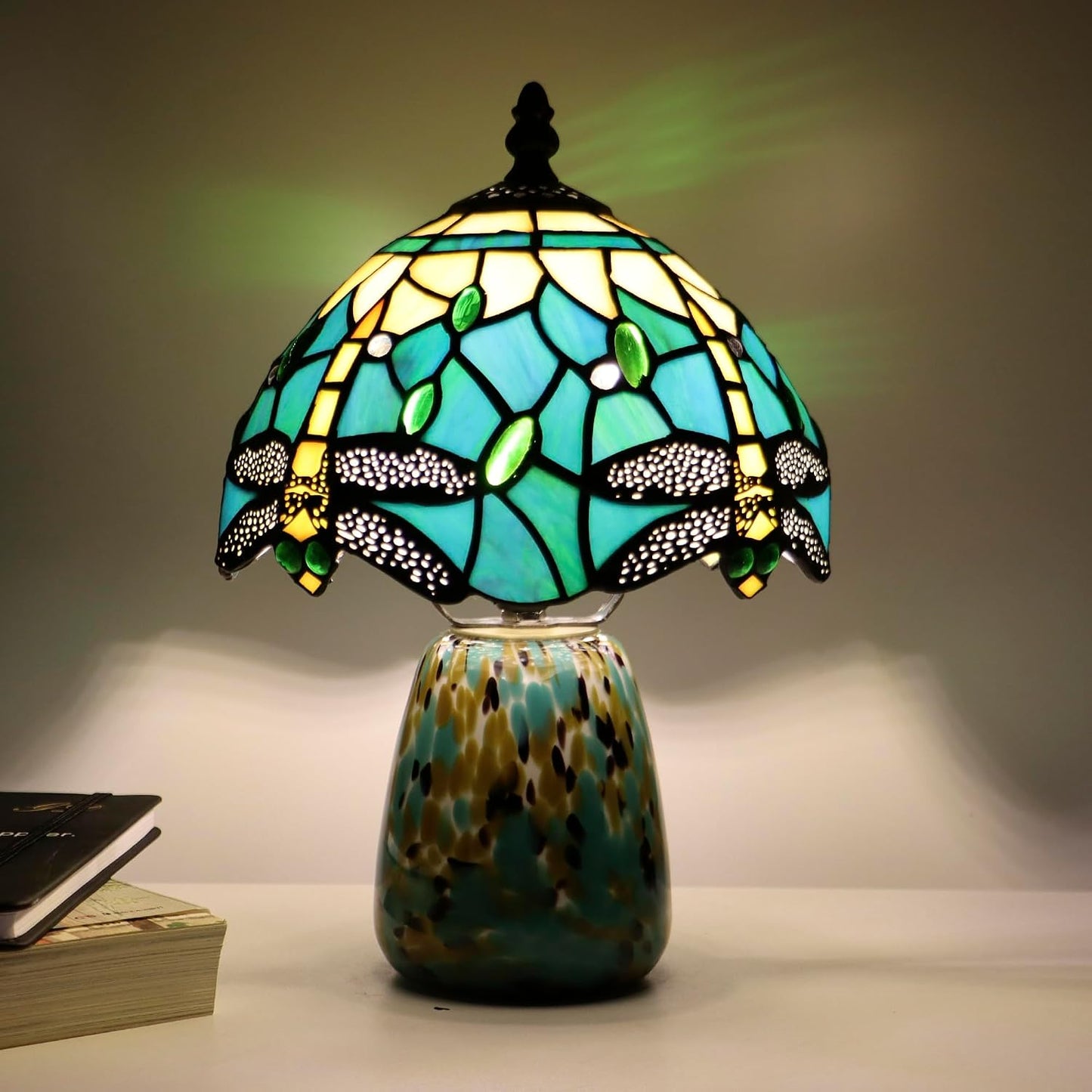 Tiffany Mushroom Table Lamp Dragonfly Style Blue Yellow Stained Glass Accent Lamp Brown Blue Glass Base 8X8X12 Inch