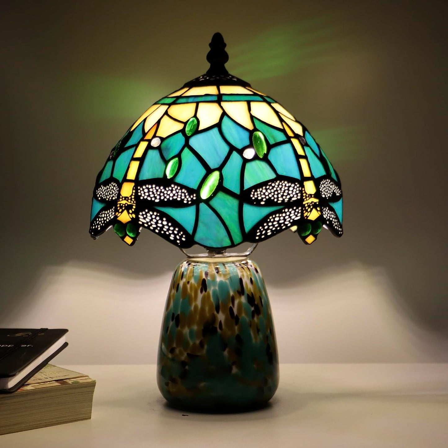 Tiffany Mushroom Table Lamp Dragonfly Style Blue Yellow Stained Glass Accent Lamp Brown Blue Glass Base 8X8X12 Inch