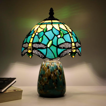 Tiffany Mushroom Table Lamp Dragonfly Style Blue Yellow Stained Glass Accent Lamp Brown Blue Glass Base 8X8X12 Inch