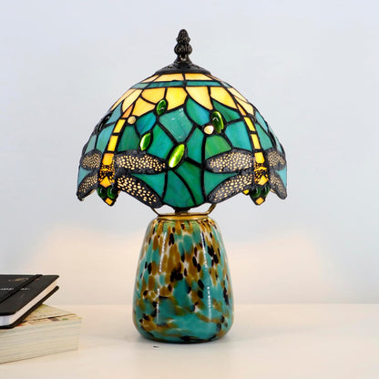 Tiffany Mushroom Table Lamp Dragonfly Style Blue Yellow Stained Glass Accent Lamp Brown Blue Glass Base 8X8X12 Inch