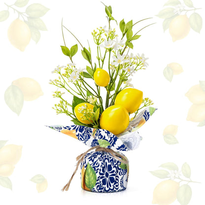 Riceshoot 2 Pcs 13.7'' Small Artificial Potted Lemon Pick Lemon Centerpiece | Linen Bag Vases, Blue Tiles, Amalfi Coast Party Decoration, Fake Lemons Potted Plants, Mediterranean Positano Wedding Decor