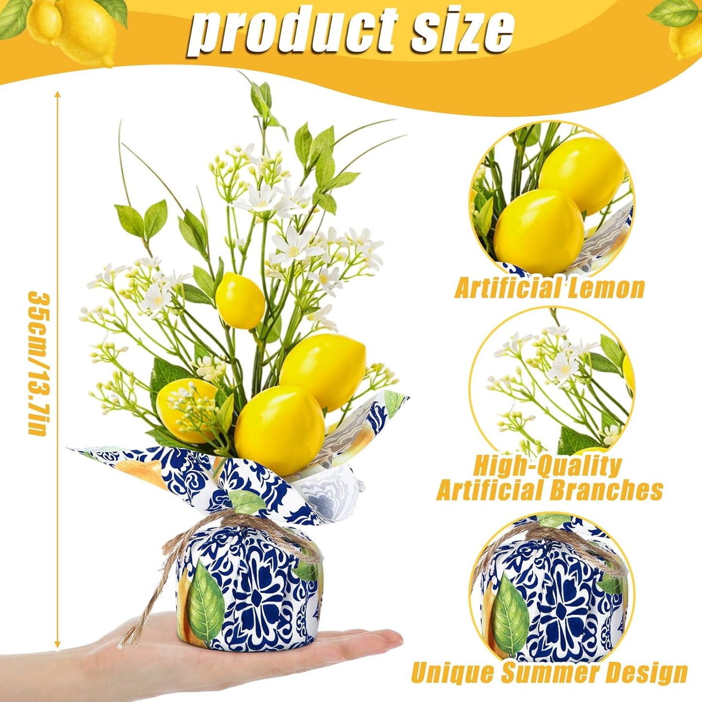 Riceshoot 2 Pcs 13.7'' Small Artificial Potted Lemon Pick Lemon Centerpiece | Linen Bag Vases, Blue Tiles, Amalfi Coast Party Decoration, Fake Lemons Potted Plants, Mediterranean Positano Wedding Decor