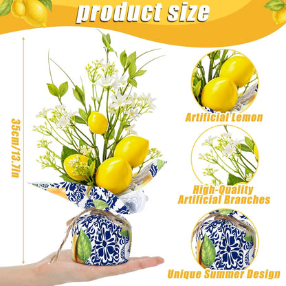Riceshoot 2 Pcs 13.7'' Small Artificial Potted Lemon Pick Lemon Centerpiece | Linen Bag Vases, Blue Tiles, Amalfi Coast Party Decoration, Fake Lemons Potted Plants, Mediterranean Positano Wedding Decor
