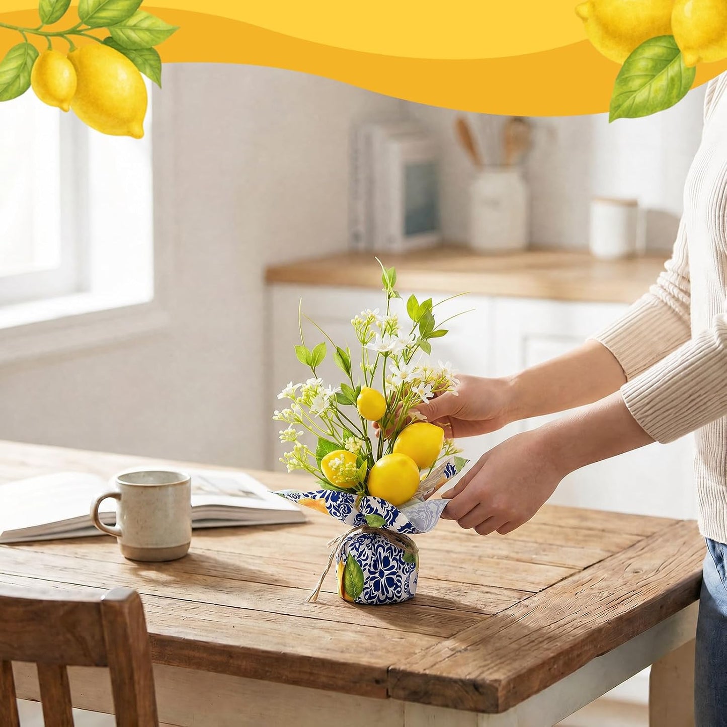 Riceshoot 2 Pcs 13.7'' Small Artificial Potted Lemon Pick Lemon Centerpiece | Linen Bag Vases, Blue Tiles, Amalfi Coast Party Decoration, Fake Lemons Potted Plants, Mediterranean Positano Wedding Decor