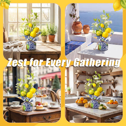 Riceshoot 2 Pcs 13.7'' Small Artificial Potted Lemon Pick Lemon Centerpiece | Linen Bag Vases, Blue Tiles, Amalfi Coast Party Decoration, Fake Lemons Potted Plants, Mediterranean Positano Wedding Decor