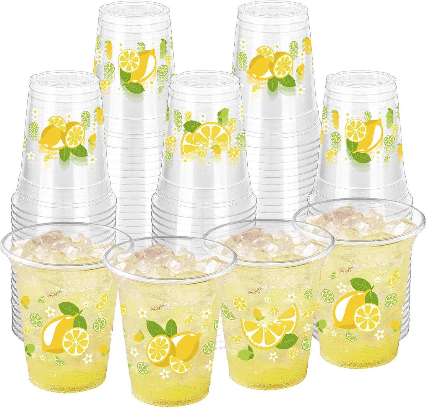100 Pcs Lemon Plastic Cups,12 oz Summer Yellow Lemon Disposable Clear Plastic Cups Lemons Theme Party Drinking Cup Hawaiian Luau Party Cup for Birthday Wedding Bridal Baby Shower Supplies