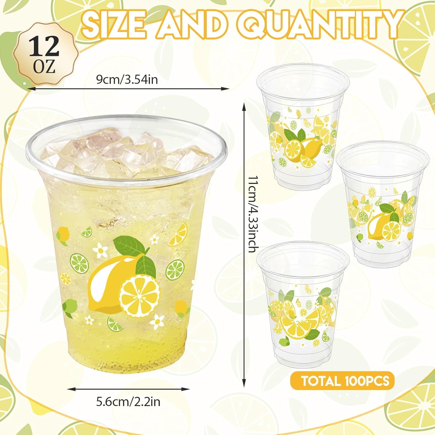 100 Pcs Lemon Plastic Cups,12 oz Summer Yellow Lemon Disposable Clear Plastic Cups Lemons Theme Party Drinking Cup Hawaiian Luau Party Cup for Birthday Wedding Bridal Baby Shower Supplies