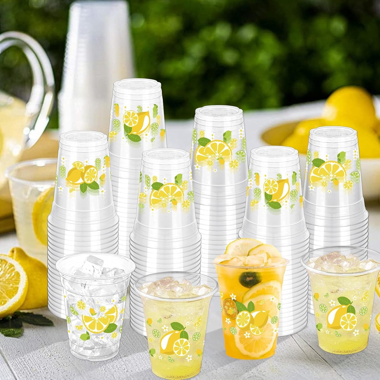 100 Pcs Lemon Plastic Cups,12 oz Summer Yellow Lemon Disposable Clear Plastic Cups Lemons Theme Party Drinking Cup Hawaiian Luau Party Cup for Birthday Wedding Bridal Baby Shower Supplies