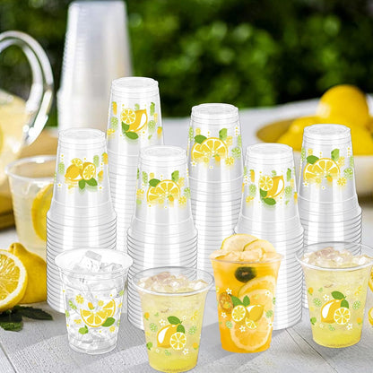 100 Pcs Lemon Plastic Cups,12 oz Summer Yellow Lemon Disposable Clear Plastic Cups Lemons Theme Party Drinking Cup Hawaiian Luau Party Cup for Birthday Wedding Bridal Baby Shower Supplies