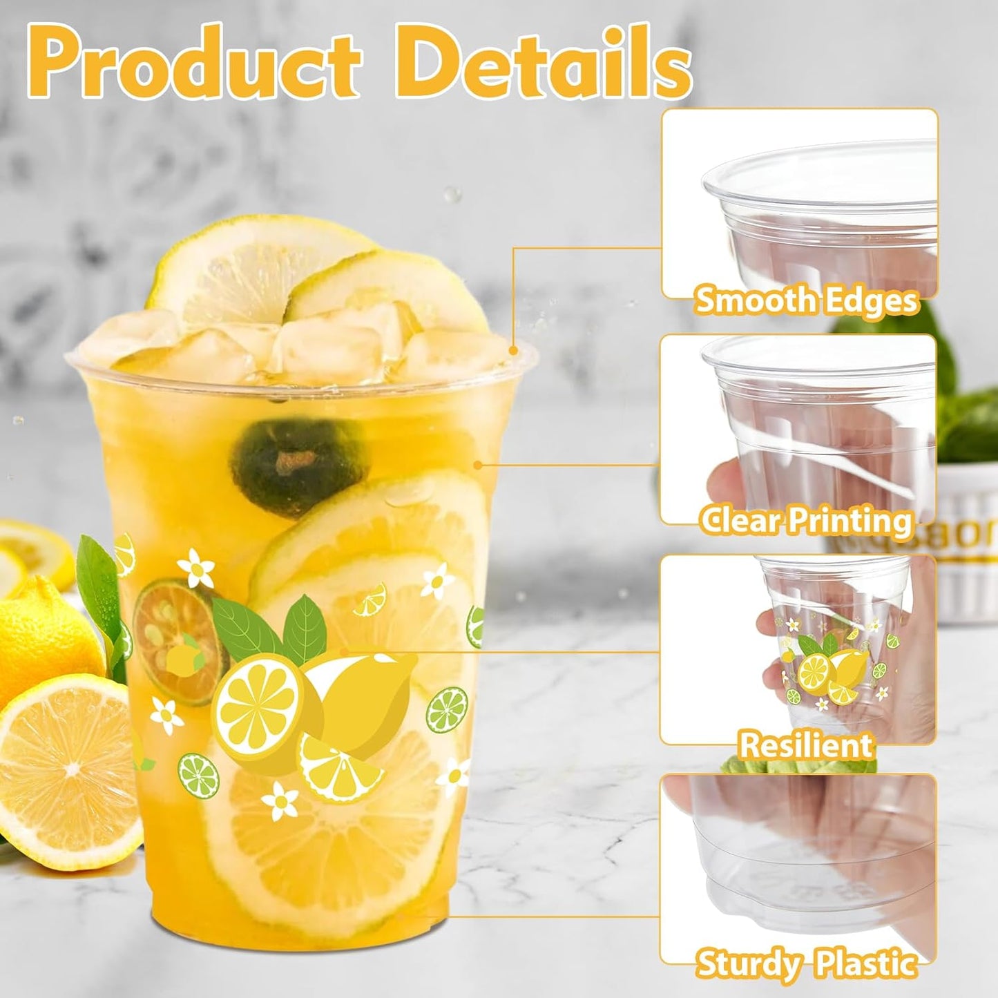100 Pcs Lemon Plastic Cups,12 oz Summer Yellow Lemon Disposable Clear Plastic Cups Lemons Theme Party Drinking Cup Hawaiian Luau Party Cup for Birthday Wedding Bridal Baby Shower Supplies