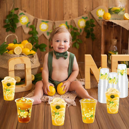 100 Pcs Lemon Plastic Cups,12 oz Summer Yellow Lemon Disposable Clear Plastic Cups Lemons Theme Party Drinking Cup Hawaiian Luau Party Cup for Birthday Wedding Bridal Baby Shower Supplies