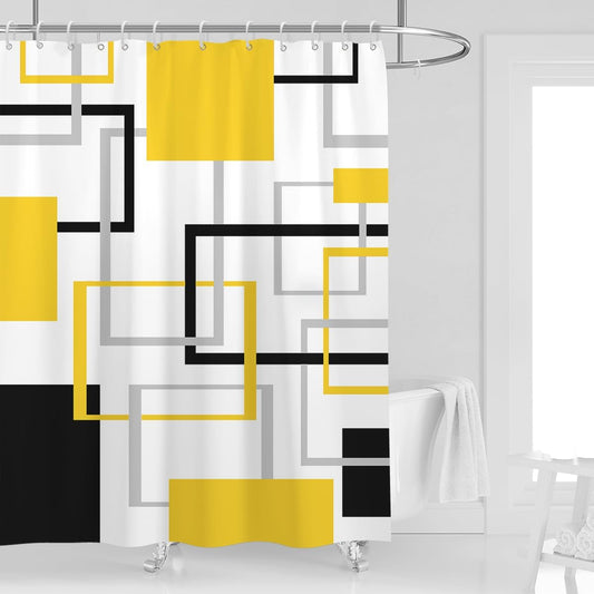Yellow and Black Shower Curtain - Mid Century Modern Geometric Abstract Checkered Bathroom Decor, Minimalist Grey White Fabric Drapes, Simple Neutral Geometry Design, 60" W x 72" L, 12 Hooks