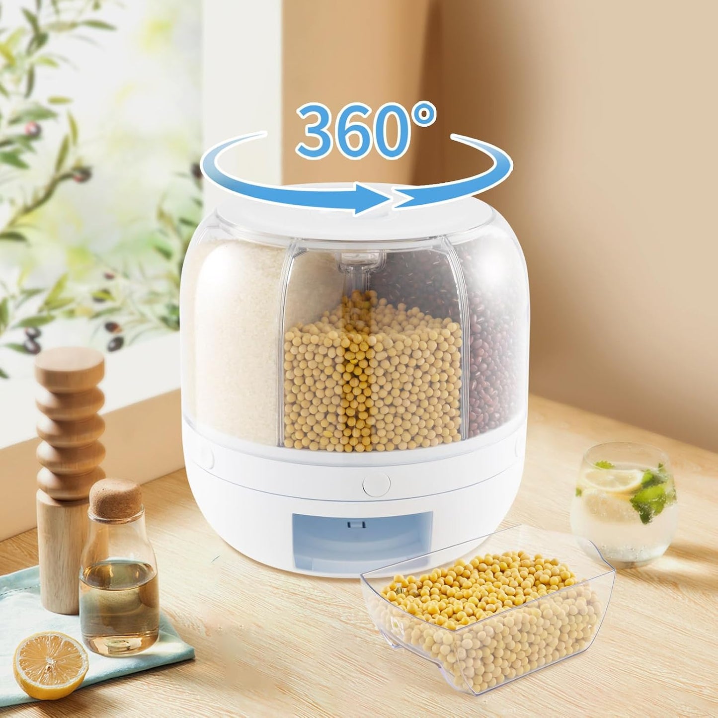 6 Grid Rotating Dry Storage, Cereal Storage Container Dispenser Countertop, Grain Organizer and Dispensers Round 360 Food Rotating Dispensers for Store Rice, Red Beans, Yellow Beans