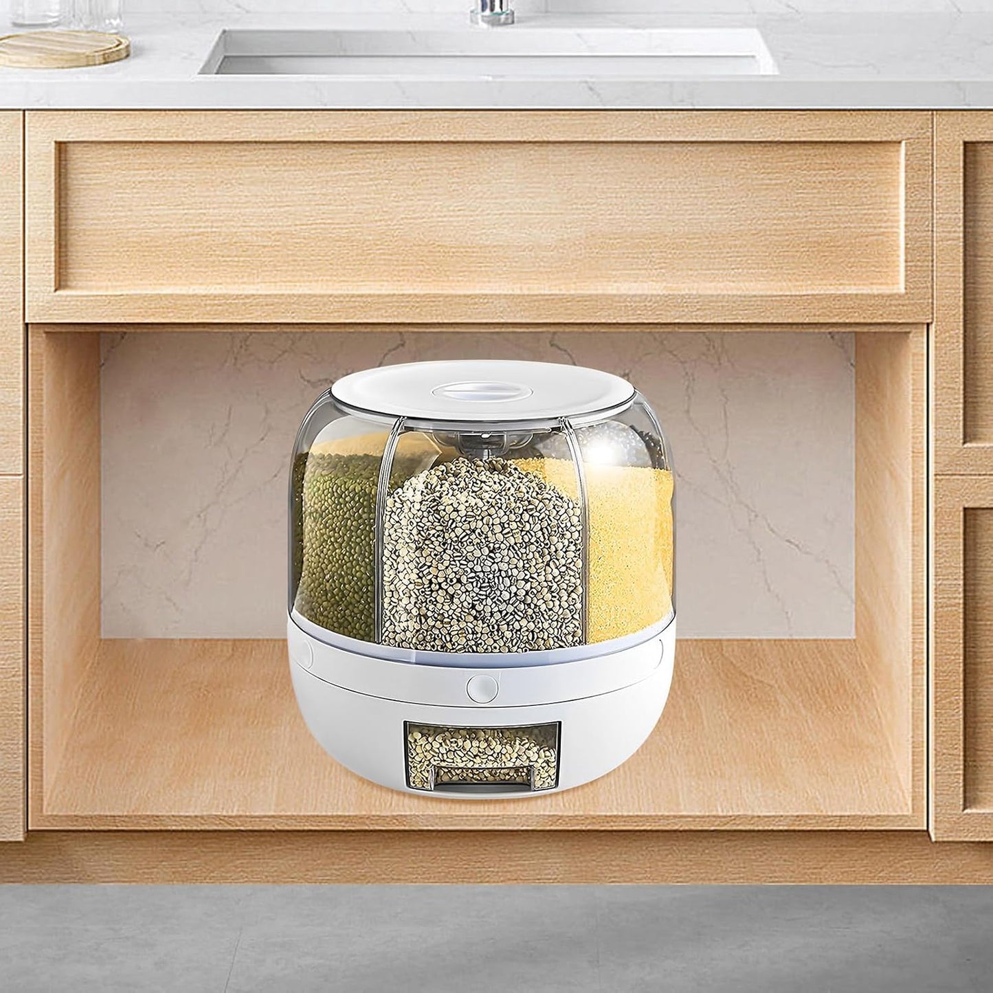 6 Grid Rotating Dry Storage, Cereal Storage Container Dispenser Countertop, Grain Organizer and Dispensers Round 360 Food Rotating Dispensers for Store Rice, Red Beans, Yellow Beans