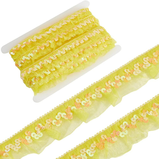 11m Yellow Sequin Chiffon Lace Edge Trim Gathered Ruffle Elastic Organza Fabric Ribbon 3cm Pleated Mesh Stretch Fringe Trim for Cloth Craft Sewing Embroidered Wedding Party Decor