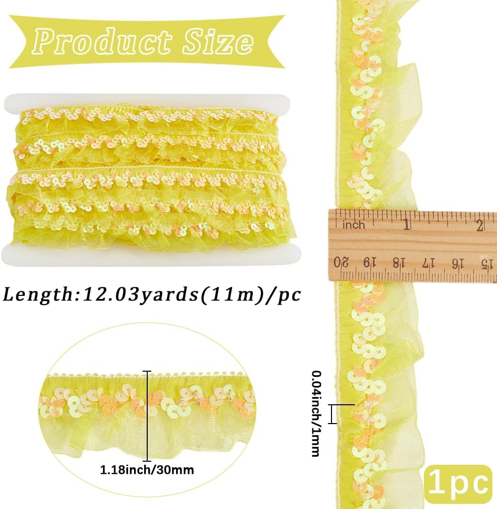 11m Yellow Sequin Chiffon Lace Edge Trim Gathered Ruffle Elastic Organza Fabric Ribbon 3cm Pleated Mesh Stretch Fringe Trim for Cloth Craft Sewing Embroidered Wedding Party Decor