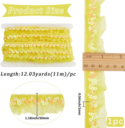 11m Yellow Sequin Chiffon Lace Edge Trim Gathered Ruffle Elastic Organza Fabric Ribbon 3cm Pleated Mesh Stretch Fringe Trim for Cloth Craft Sewing Embroidered Wedding Party Decor