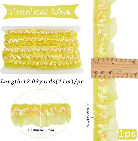 11m Yellow Sequin Chiffon Lace Edge Trim Gathered Ruffle Elastic Organza Fabric Ribbon 3cm Pleated Mesh Stretch Fringe Trim for Cloth Craft Sewing Embroidered Wedding Party Decor