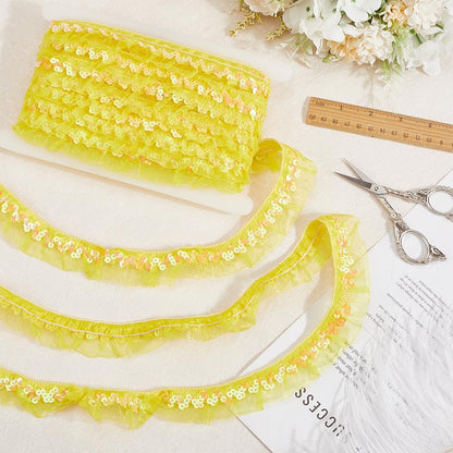 11m Yellow Sequin Chiffon Lace Edge Trim Gathered Ruffle Elastic Organza Fabric Ribbon 3cm Pleated Mesh Stretch Fringe Trim for Cloth Craft Sewing Embroidered Wedding Party Decor