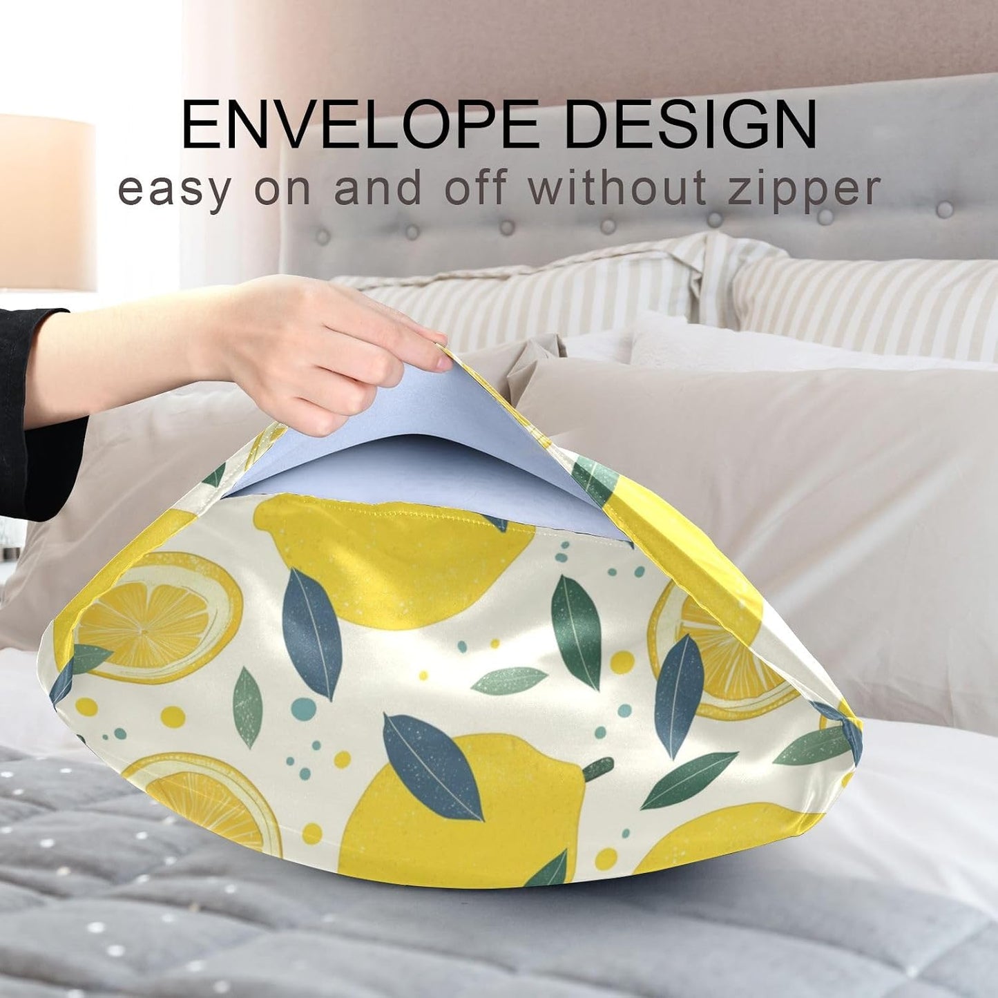 Lemon Slices Satin Pillowcase with Envelope Closure Yellow Standard Size Pillow Case, Silky Pillow Cover for Home Bedroom Sofa 20x26 in
