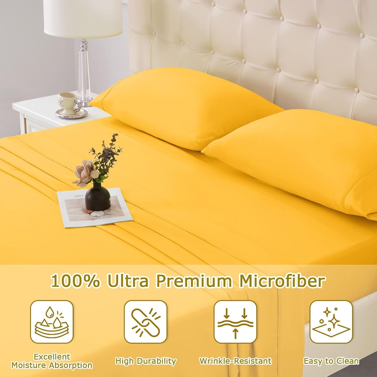 King Size Bed Sheet Set - 4 Piece Soft Microfiber Sheets with Deep Pockets, Cooling Technology, and Wrinkle-Free Pillowcase. Hotel-Quality, Durable Bedding, Spectra Yellow