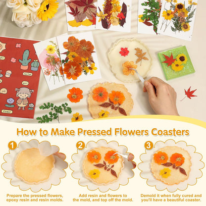 Real Dried Pressed Flowers for Crafts, 100+ PCS Fall Dried Flowers Leaves Nature Flowers Florals Set with Tweezer for Resin Jewelry Making Thanksgiving DIY Candle Scrapbooking Gift (Orange, Yellow)