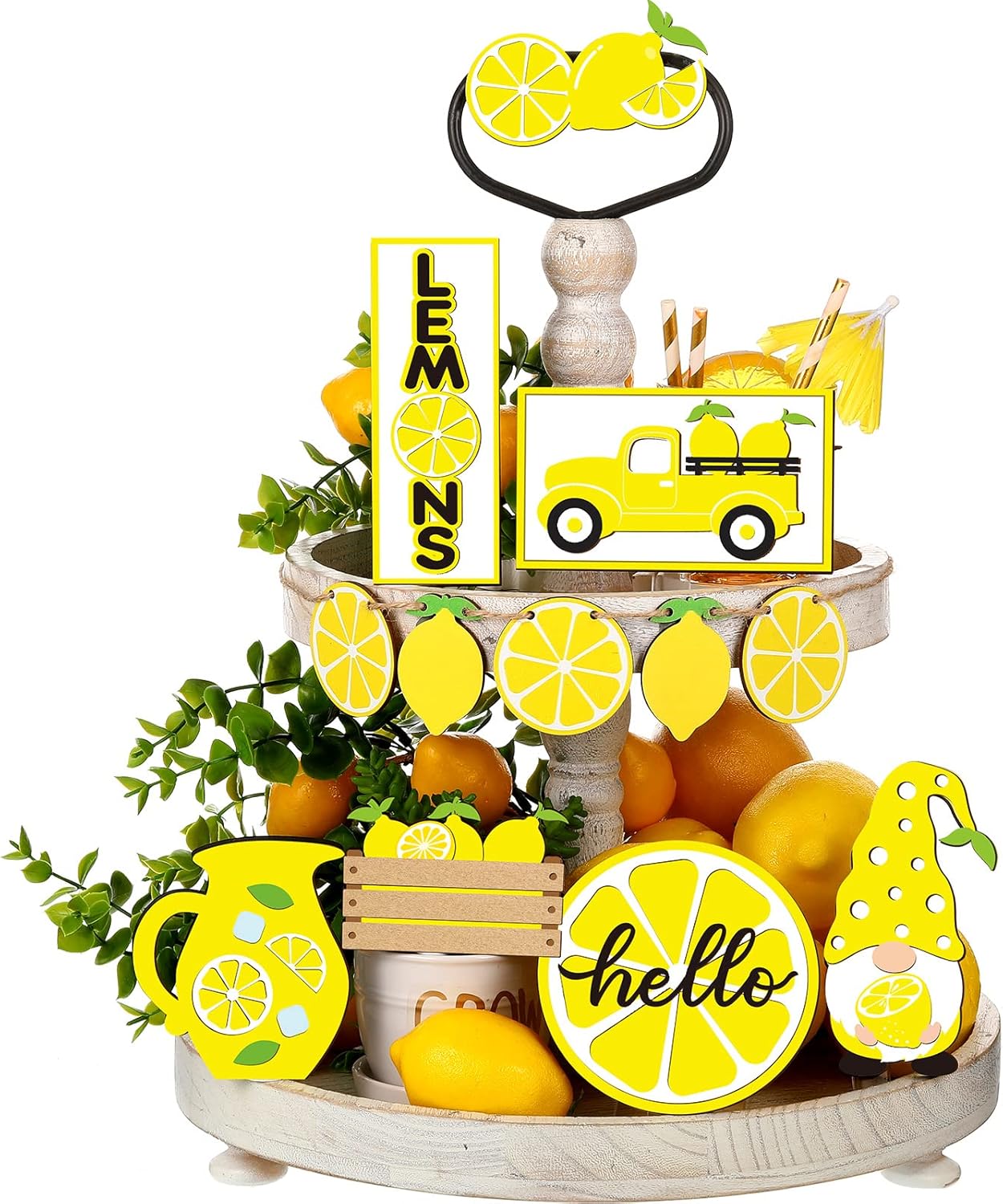 12 Pcs Lemon Tiered Tray Decor Set Gnome Fresh Lemonade Wooden Sign Yellow Lemon Wood Blocks Standing Sign Summer Tray Decor for Home Summer Kitchen Table Decoration