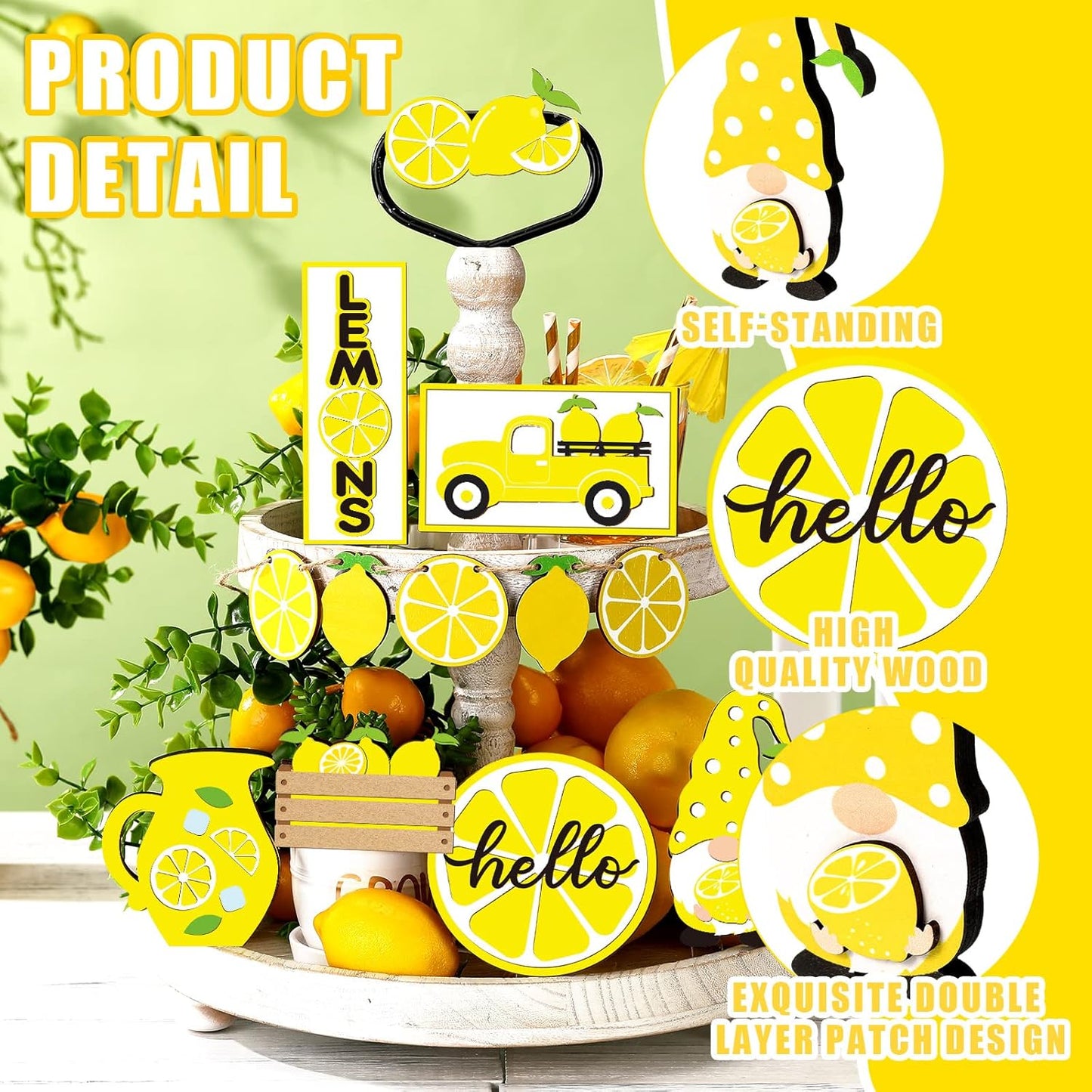 12 Pcs Lemon Tiered Tray Decor Set Gnome Fresh Lemonade Wooden Sign Yellow Lemon Wood Blocks Standing Sign Summer Tray Decor for Home Summer Kitchen Table Decoration