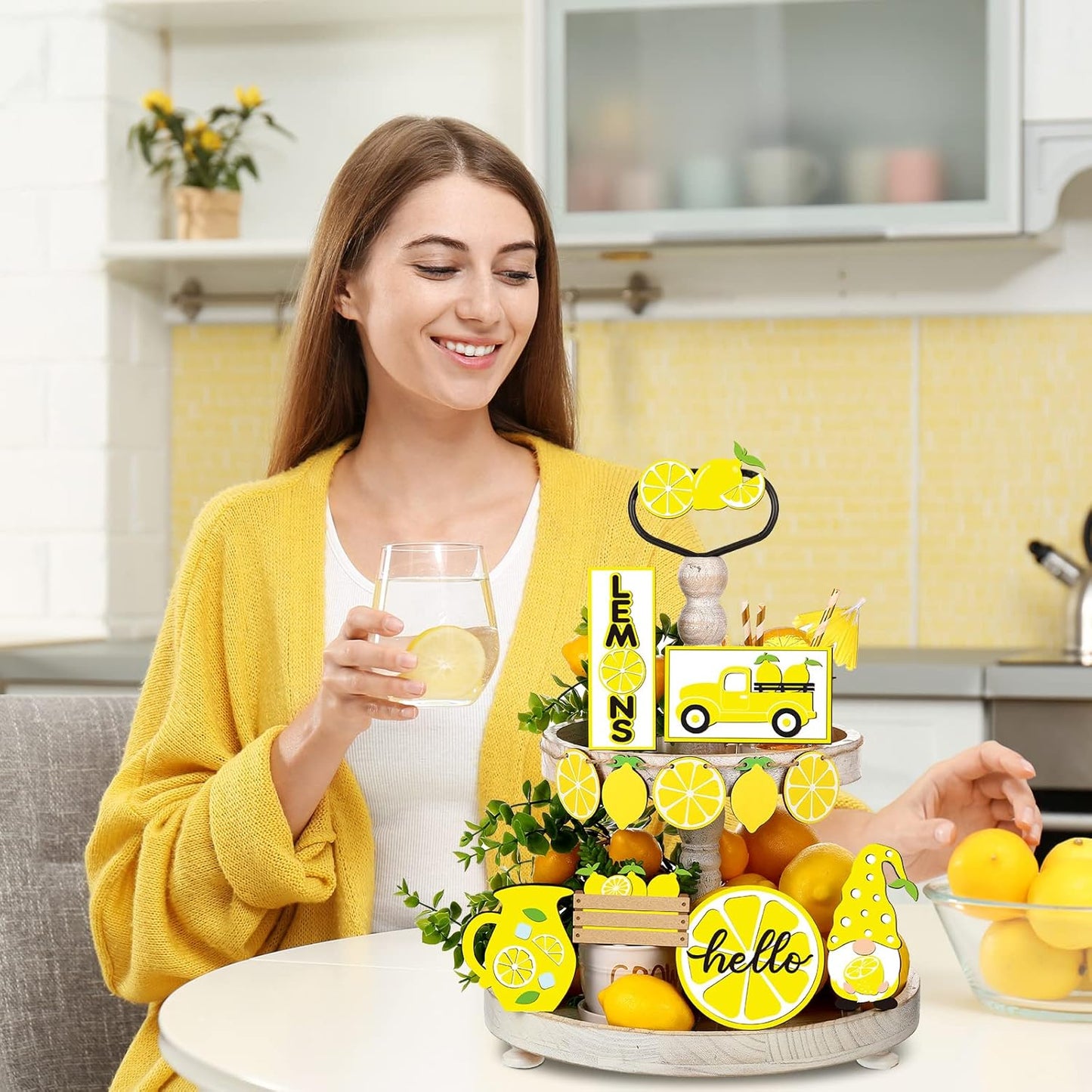 12 Pcs Lemon Tiered Tray Decor Set Gnome Fresh Lemonade Wooden Sign Yellow Lemon Wood Blocks Standing Sign Summer Tray Decor for Home Summer Kitchen Table Decoration