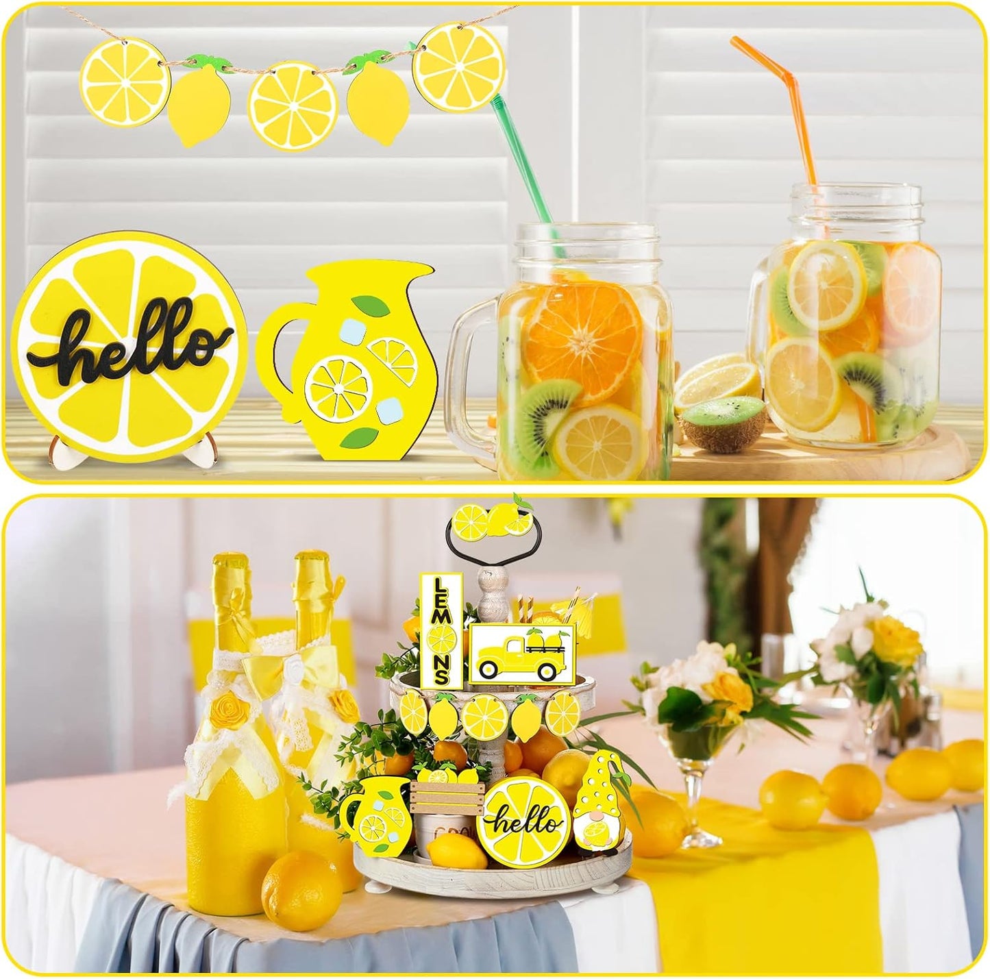 12 Pcs Lemon Tiered Tray Decor Set Gnome Fresh Lemonade Wooden Sign Yellow Lemon Wood Blocks Standing Sign Summer Tray Decor for Home Summer Kitchen Table Decoration